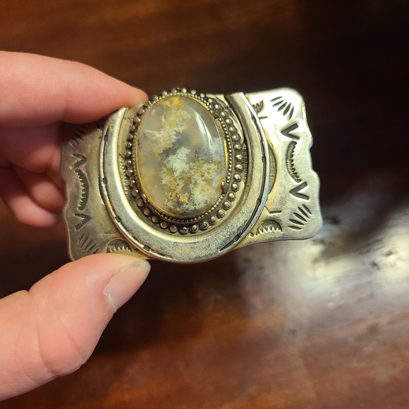 VTG Vintage Moss Agate Stone Belt Buckle Nickel Silver Horseshoe Stamped - Picture 3 of 4